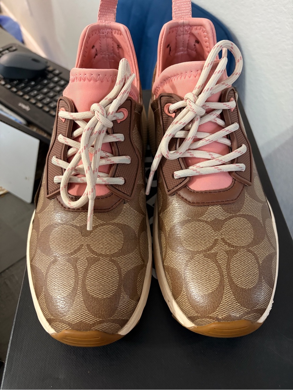 Coach Brown Logo-Print Sneakers with Pink Accents